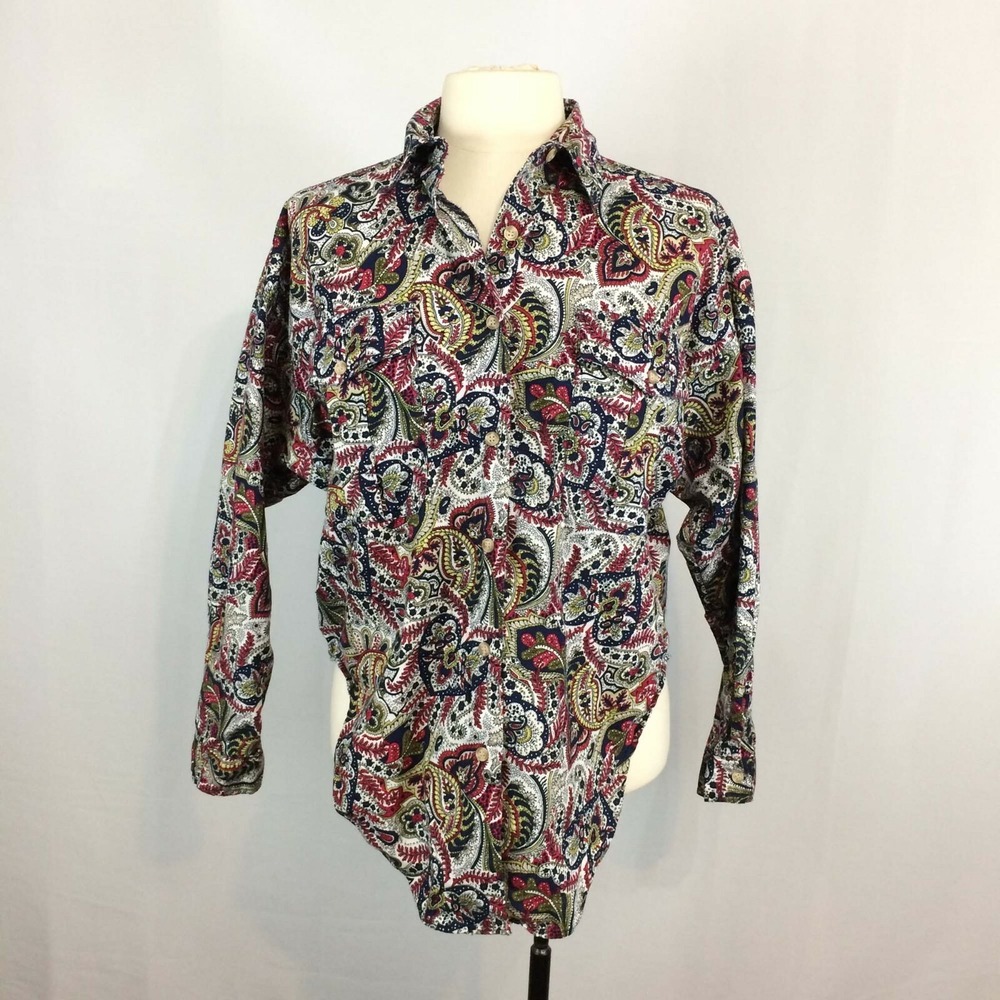 Cristina Womens Med Paisley Button Down Shirt 100% Cotton Multicolor Sleeve 90s